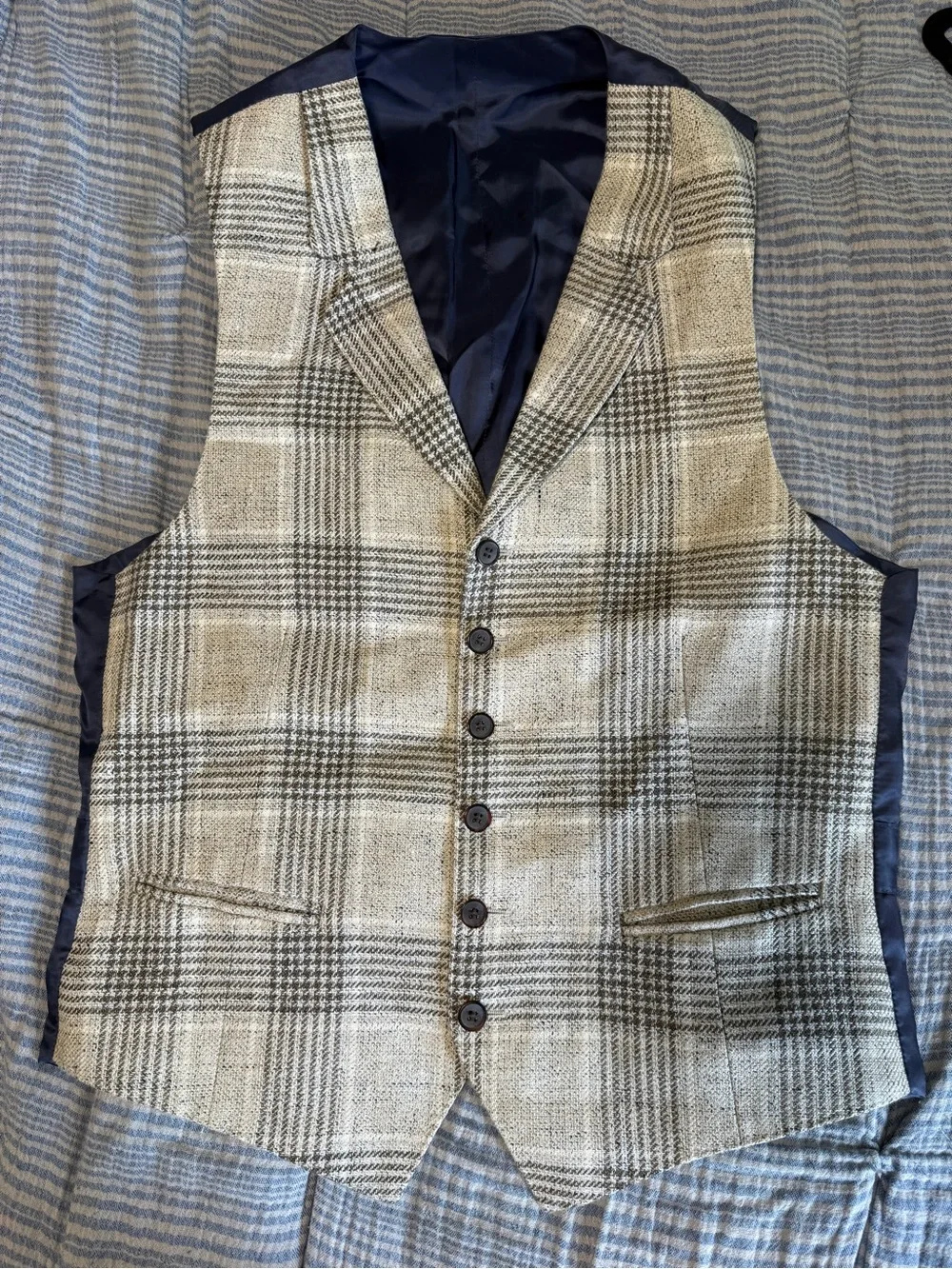 Suitsupply Waistcoat Italian Linen Plaid Suit Vest Gray Beige Men's Formal 44R